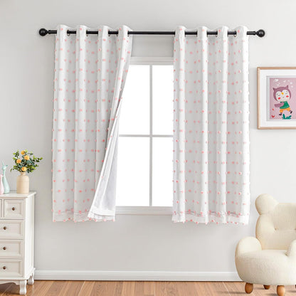 MYSKY HOME Pink Pom Pom Blackout Curtains for Girls Bedroom 54 Inch Long 100% Blackout Curtains for Kids Room 2 Panels Room Darkening Small Window Treatment Grommet 2 Layered Drapes Toddler 52W x 54L
