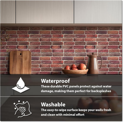 CONCORD WALLCOVERINGS ™ 3D Red Faux Brick Wall Panels - Pack of 10, Lightweight 17.5" x 24" (44.5 cm x 61 cm) PVC Sheets, Decorative Stone Tiles for Living Room, Kitchen - Covers 28.86 Sq Ft (572OR)