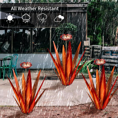 Large Tequila Rustic Sculpture, Rustic Metal Agave Plants for Outdoor Patio Yard, Home Decor Hand Painted Metal Agave Garden Yard Statue, Outdoor Lawn Ornaments (Red - L (W/Bird Feeder))