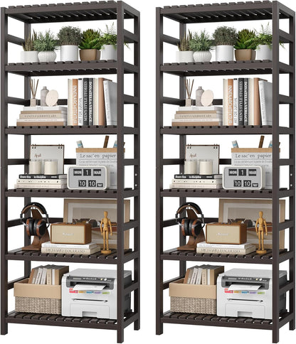 FOTOSOK 6-Tier Bamboo Shelf Set of 2, Bamboo Bookcase with Adjustable Shelves, Free Standing Storage Shelf Unit and Plant Flower Stand, Tall Large Bookshelf for Kitchen, Bathroom, Home Office, Vintage