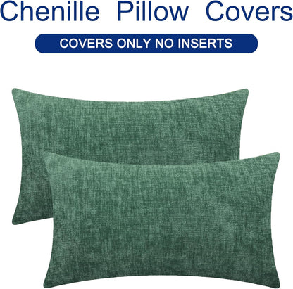 CaliTime Throw Pillow Covers Decorative 12 X 20 Inches Pack of 2 Cozy Chenille Cushion Cases for Couch Sofa Bed Living Room Home Dark Green
