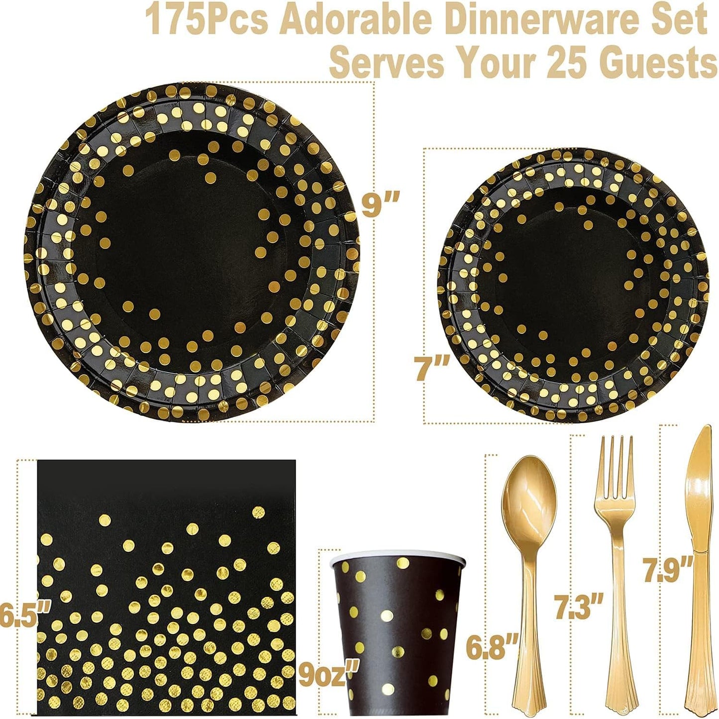 AIRE 175PCS Black and Gold Paper Plates Party Supplies for 25 Guests Disposable Party Decorations Dinnerware Golden Dot Black Paper Plates Napkins Cups Gold Plastic Forks Knives Spoons for Parties