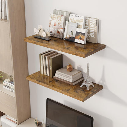 30" Floating Shelves for Wall, 12" Deep Slim Rustic Brown Floating Shelves, Wall-Mounted Shelves for Bedroom, Living Room, Kitchen, Bathroom - Set of 2