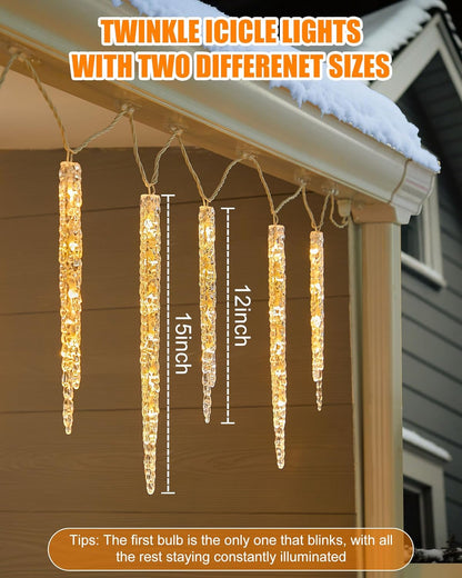 Minetom Icicle Lights Outdoor with Clips, 20ft 100 LED 20 Tubes Twinkling Crystal String Lights, Connectable Waterproof Hanging Icicle Christmas Lights Plug in for Eave Outdoor, Warm White