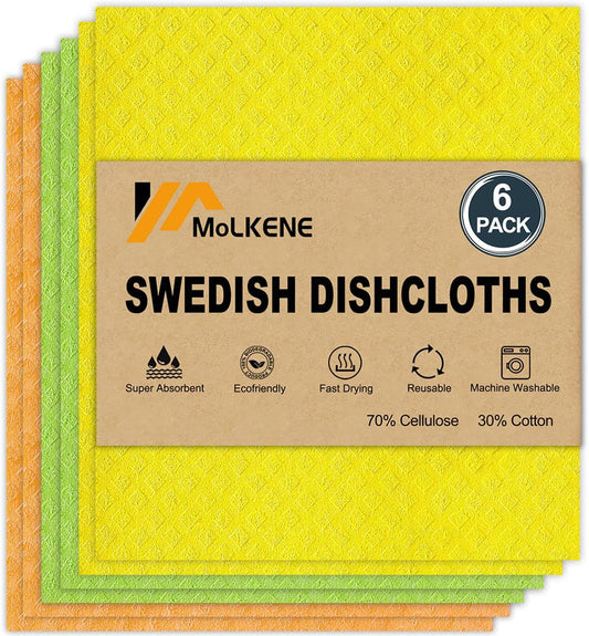 Swedish Dishcloths for Kitchen | 6 Pack Dish Towels Cellulose Sponge Cloths | Non-Scratch Reusable