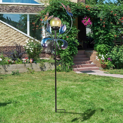 VCUTEKA Solar Lights Outdoor Metal Garden Stake Waterproof Crackle Glass Globe Garden Decor Butterfly for Pathway, Lawn, Patio, Yard