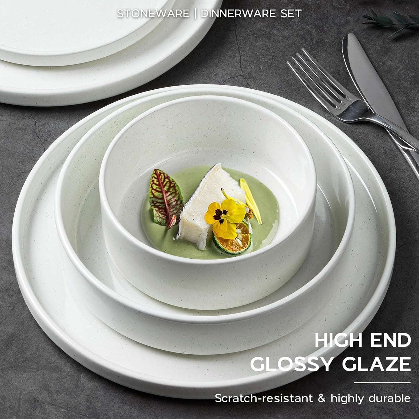 Onader 24 Piece Dinnerware Sets with Pasta Bowls for 6, Stoneware Plates and Bowls Dish Sets, Ceramic Speckled Dinner Dishware for Kitchen Dining, Microwave & Dishwasher Safe - Cloud White