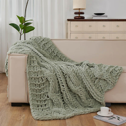 Esterra Chunky Knit Blanket Throw 50"x60", 100% Hand Knitted Chenille Throw Blanket, Cozy Soft Thick Cable Knit Throw Large Rope Knot Crochet Throw Blanket for Sofa Couch Bed, Sage Green