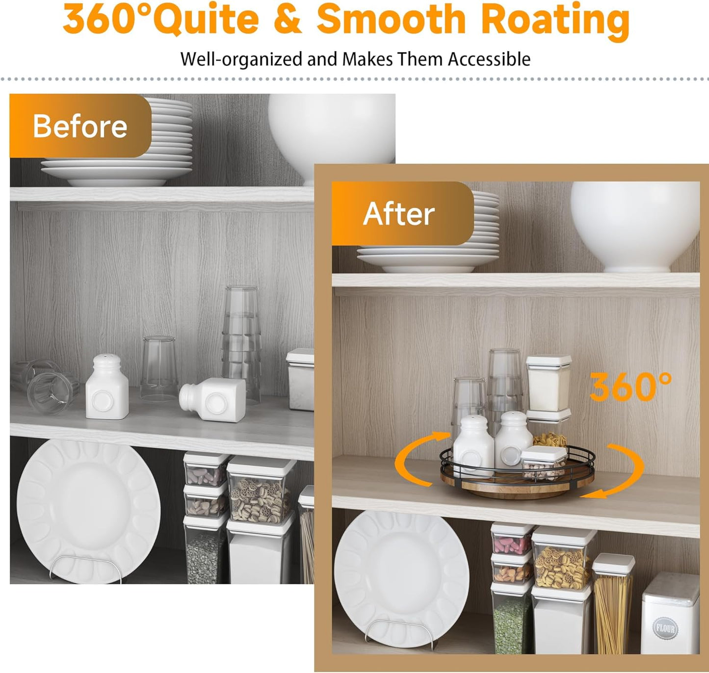 Farmhouse Oak 9" Lazy Susan Turntable Organizer for Cabinet, Round Wooden Lazy Susan Organization and Storage for Dining Table, Pantry, Kitchen, Countertop, Cupboard,Home Decor, Walnut Wood