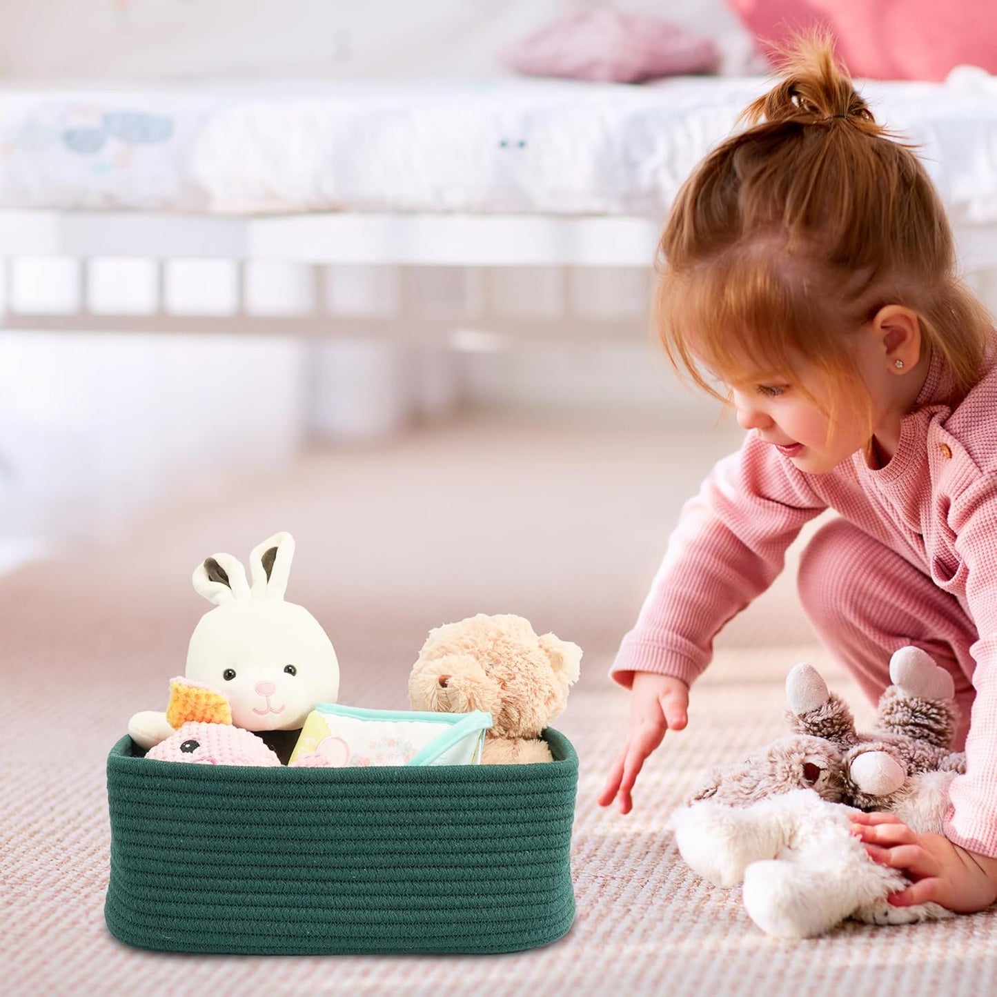 Small Woven Storage Baskets 13“X9”X5“ Decorative Rope Bins for Organizing Shelves, Closets, and Toys, Empty Gift Baskets, Cute Organizer Basket for Home and Office (dark green, Large)