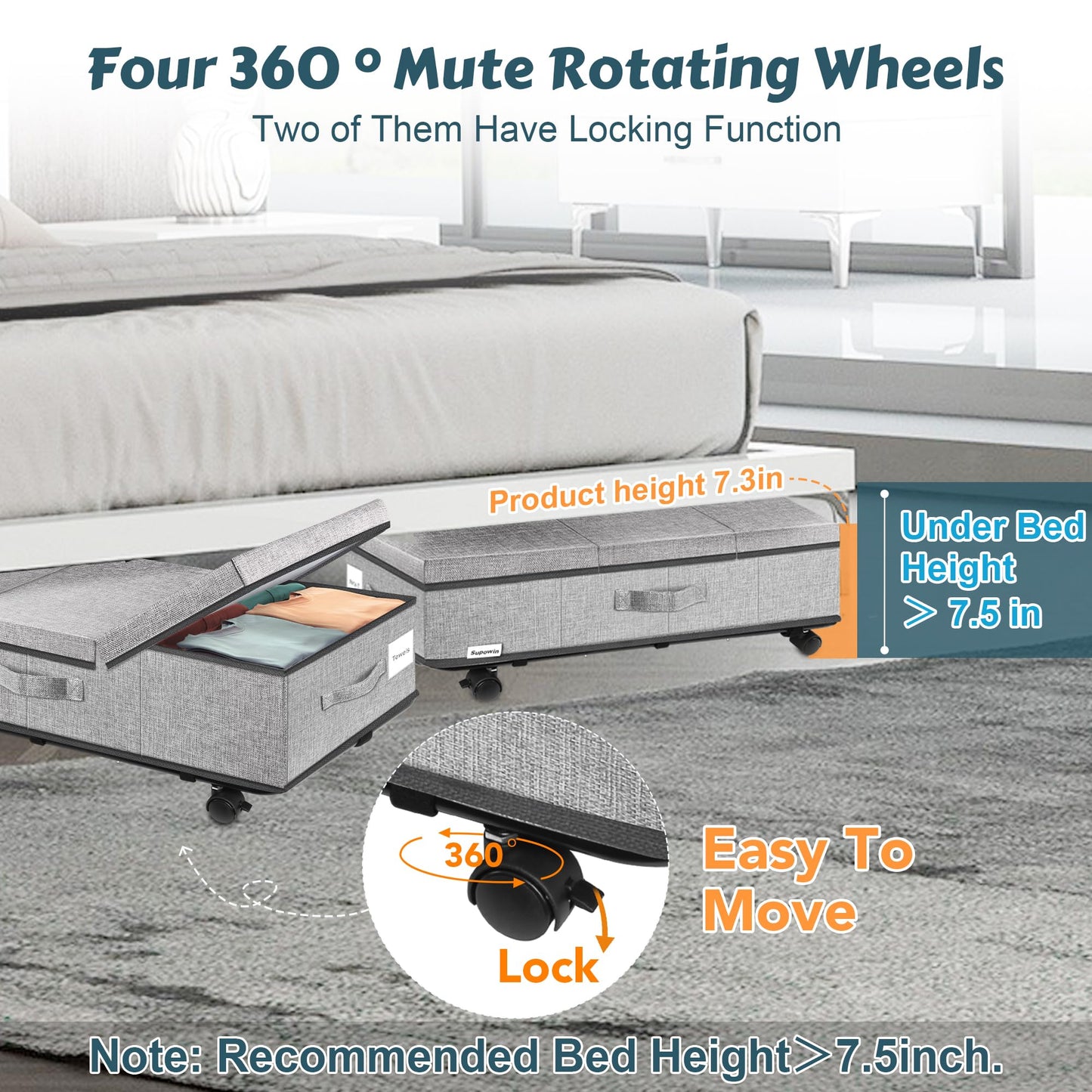 Supowin Under Bed Storage with Wheels, 2Pack Rolling Underbed Storage
