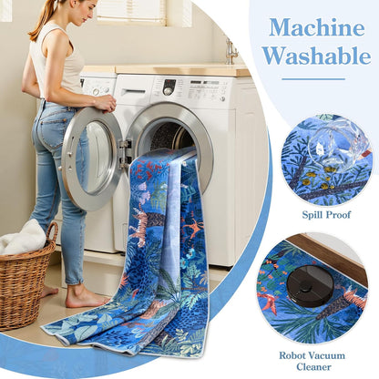 LIVEBOX Washable Jungle Animal Print Rugs 9x12 Blue Rugs for Living Room, Stain Resistant Soft Kids Area Rugs for Bedroom, Non-Skid Modern Dining Room Rug Floor Carpet for Playroom Kids Nursery