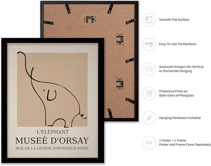 Poster Master Vintage Poster - Retro Minimalist Print - Gift for Artist, Housewarming - Elephant, Line Drawing, Sketch, Abstract - Wall Decor for Living Room, Bedroom, 8x10 Black Framed