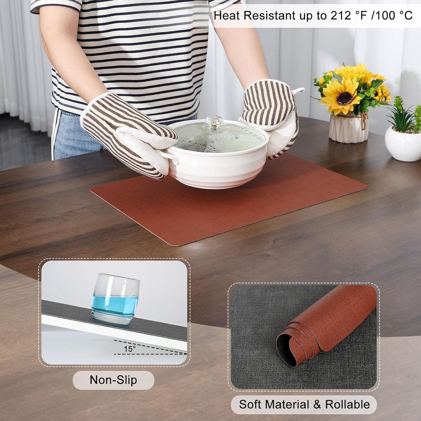 Myir JUN Dual Sided Faux Leather Placemats Set of 8 for Indoor Outdoor Dining Tables, Square Non-Slip Washable Wipeable Table Mats (Gray Terracotta, Set of 8)