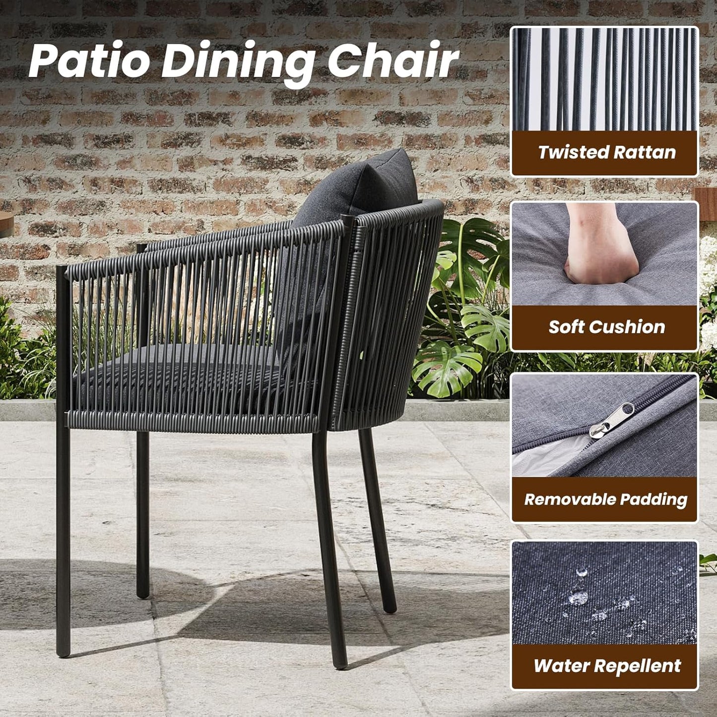 Soohow 5 Pieces Outdoor Dining Set for 4, Patio Table and Chairs Set 4 X Rattan Wicker Patio Chair with Cushions and 1 X Outdoor Table Plastic Wooden Top for Lawn, Deck Backyard, Poolside