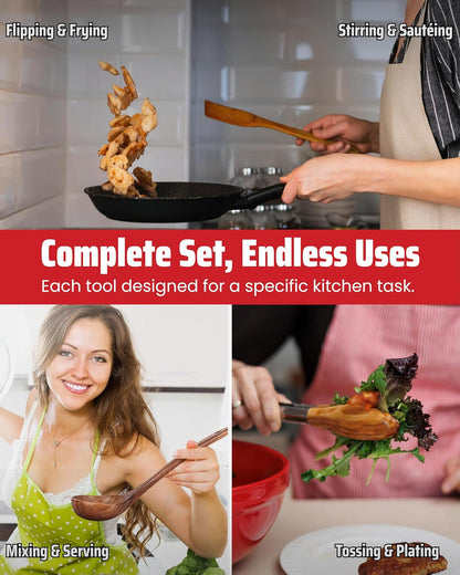 Elegant 5-Piece Walnut Wood Kitchen Utensil Set – Non-Scratch, Heat-Resistant Cooking Utensil Set with Kitchen Tongs, Spoons, Spatula & Ladle – Lightweight, Durable & Perfect for Daily Use or Gifting
