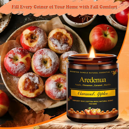 Fall Candles - Caramel Apple Candle | Fall Scented Candle, Thanksgiving Gifts - 7oz Autumn Soy Candles for Home Scented - Apple Scented for Thanksgiving, Autumn & Holiday Gift for Women Men