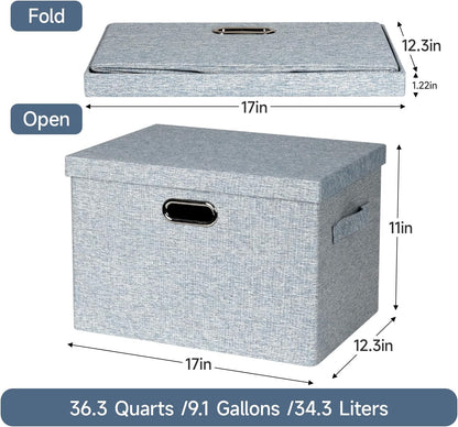 Large 17" 36 Quart Collapsible Stackable Storage Bins with Lids, 3 Packs Blue-Grey Linen Fabric Closet Boxes with Lids, Storage Cube Baskets Container Organizers for Bedroom (17x12x11)