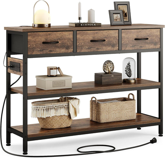 Lulive Entryway Table with Power Outlets, Console Table with 3 Fabric Drawers, Sofa Table for