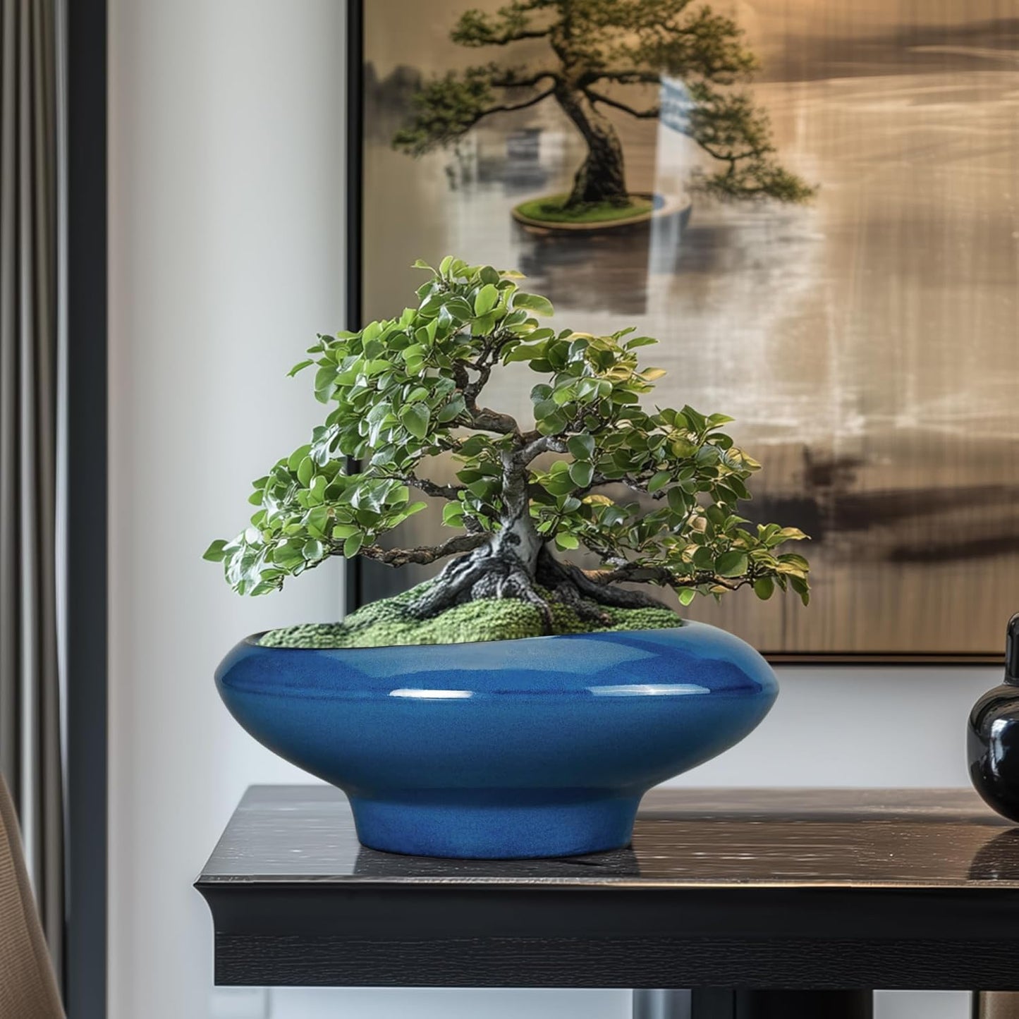 Bonsai Tree Pot 13 Inch - Ceramic Succulent Pots Large Bonsai Planter for Indoor Outdoor Plants Decorative Plant Pot with Drainage Hole Flower Pot for House Garden Room Home Decor Blue