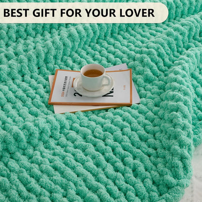 L'AGRATY Chunky Knit Blanket Throw: 50''x60'' Chenille Chunky Knitted Throw Blanket for Bed Couch - Handmade Thick Big Cable Knit Blanket - Large Crochet Rope Blanket for Home Decor(Aqua)