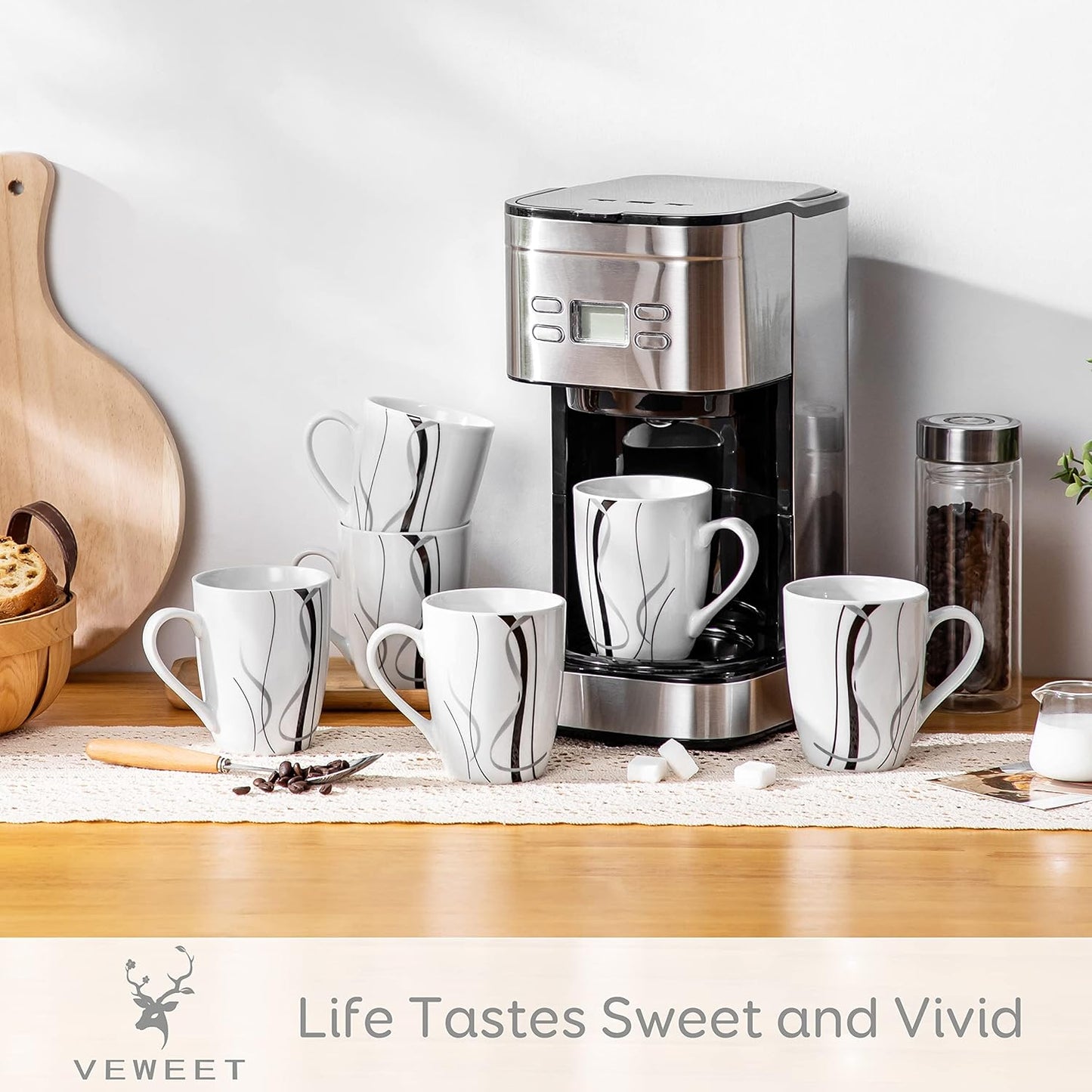 VEWEET Ceramic Coffee Mugs Set of 6, 11 OZ Coffee Cups Set with Handle, White Mugs Set Porcelain Cup Set for Kitchen, Microwave Dishwasher Safe, Series Fiona