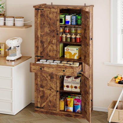 Pantry Organizers and Storage Cabinet, 70” Barn Door White Kitchen Cabinet with Drawers and Adjustable Shelf, Tall Pantry for Kitchen, Dining Room, Living Room