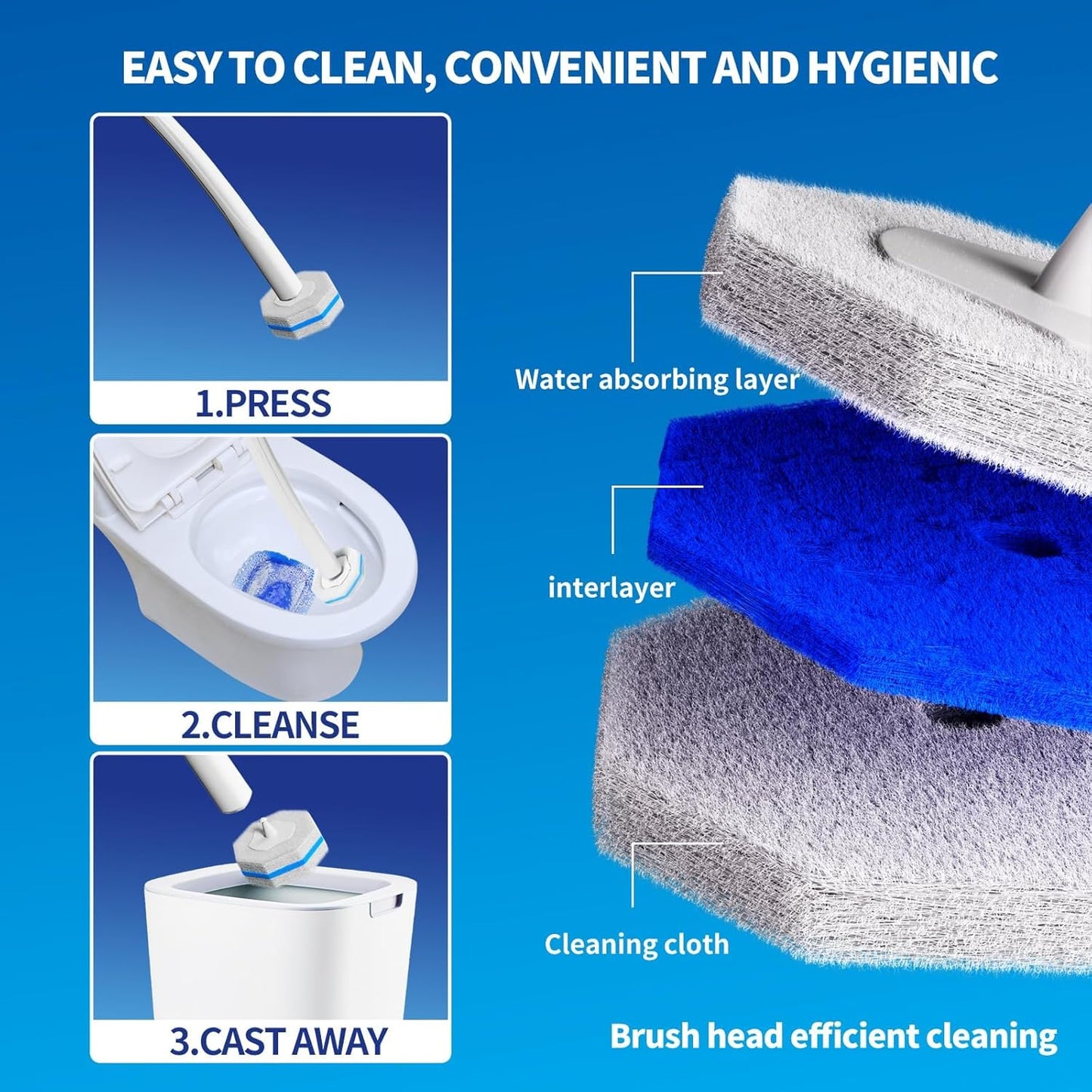 Disposable Toilet Cleaning Wand Set with 50 Refill Pads, Wall-Mounted Holder, Long Handle Toilet Brush System for Deep Bathroom Cleaning