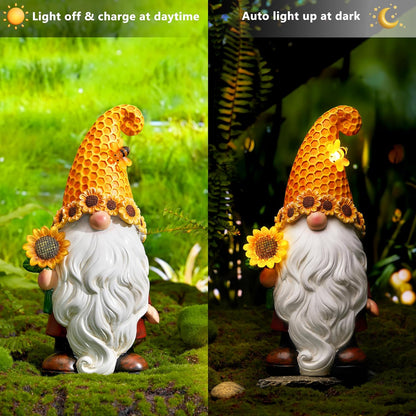 Garden Gnomes Outdoor - Sunflower Gnome Statue with Solar LED Lights for Yard, Patio, Lawn Ornaments - Best Garden Gifts for Mothers Day, Housewarming, Festival
