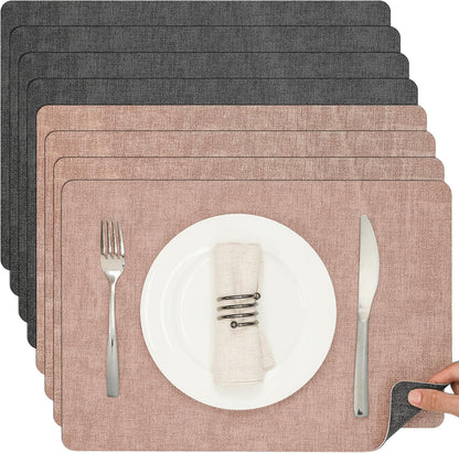 Myir JUN Placemats Dual Sided, Faux Leather Place Mats Set of 8 Indoor Placemats for Dining Table Non-Slip Washable Placemats Heat Resistant Outdoor Table Mats (Set of 8, Gray Pink)