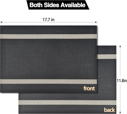 Black Placemats Set of 4 - Easy Clean Modern Durable Washable Vinyl Place Mats - Heat Resistant Placemats for Kitchen Table - PVC Table Mats for Dining Table (Black with Stripes, 4)