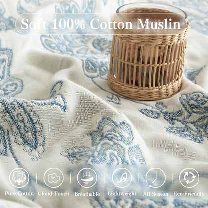 Boho Throw Blanket Twin Size, Soft Cozy Cotton Muslin Quilt Blanket for Bed Decor, Floral Patterned Couch Sofa Chair Cover, Vintage Farmhouse Cottage Tapestry Woven Blanket, Blue and White