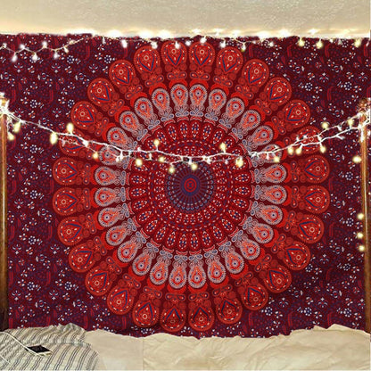 Bless International Handmade Indian hippie Bohemian Psychedelic Peacock Mandala Wall hanging College Dorm Beach Throws Table Cloth Bedding Tapestry (Blue Red, Twin(54x72Inches)(140x185cms))