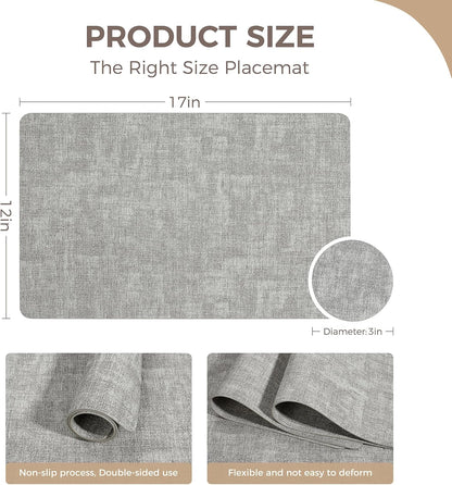 Vinyl Placemats Set of 6, Faux Leather Waterproof and Heat Resistant Place Mats, Washable Anti-Slip Table Mats with Coaster, Wipeable Placemats for Indoor & Outdoor 17" x 12" (Light Grey, Set of 6)