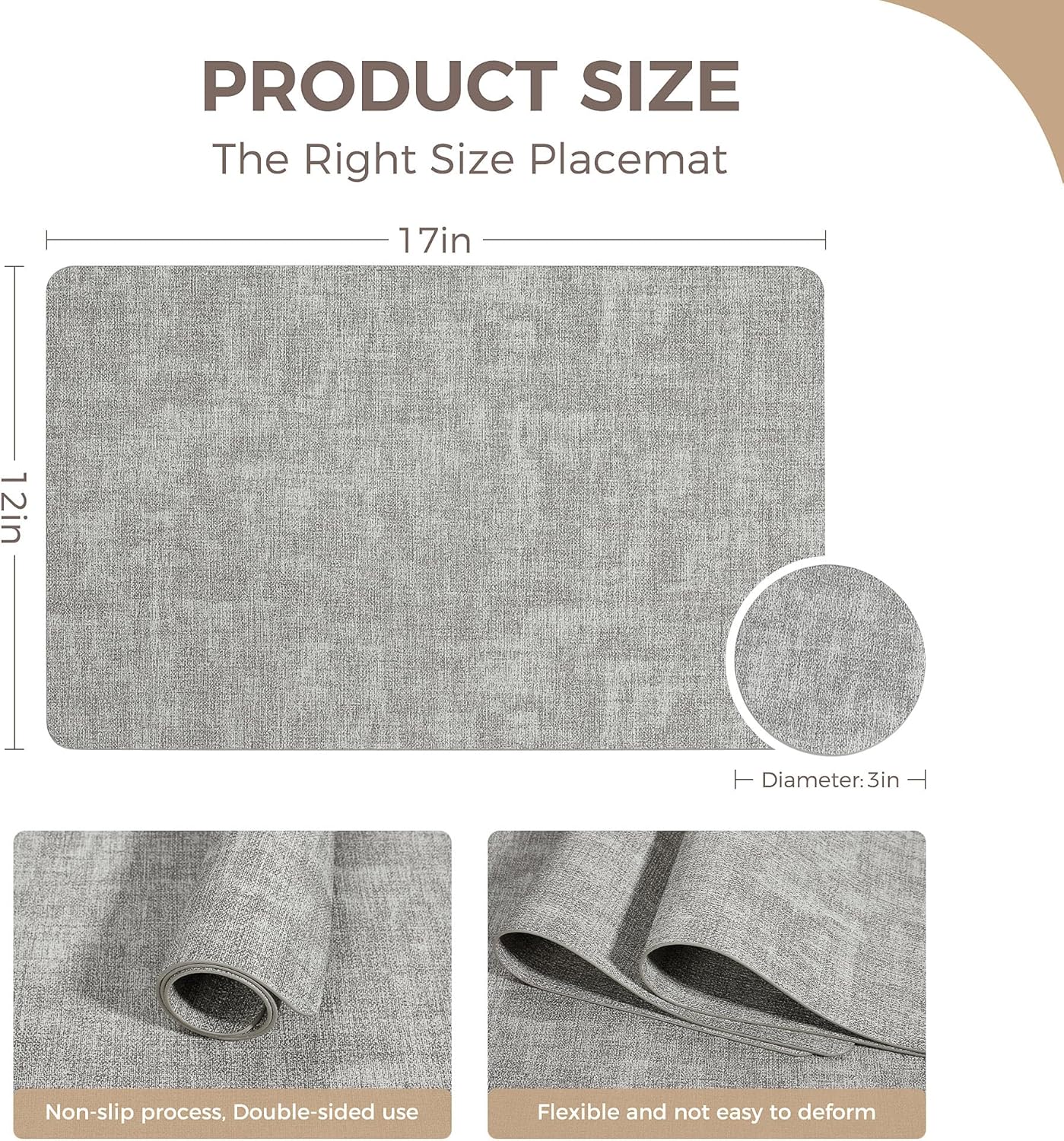 Vinyl Placemats Set of 4, Faux Leather Waterproof and Heat Resistant Place Mats, Washable Anti-Slip Table Mats with Coaster, Wipeable Placemats for Indoor & Outdoor 17" x 12" (Light Grey, Set of 4)