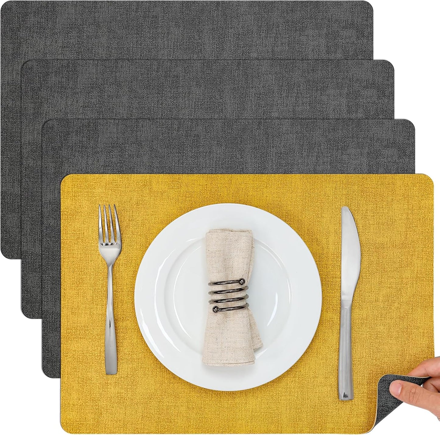 Myir JUN Dual Sided Placemats, Faux Leather Set of 4 for Dining Table Indoor Outdoor, Square Non-Slip Washable Table Mats (Gray Yellow)