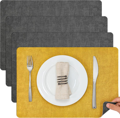 Myir JUN Dual Sided Placemats, Faux Leather Set of 4 for Dining Table Indoor Outdoor, Square Non-Slip Washable Table Mats (Gray Yellow)