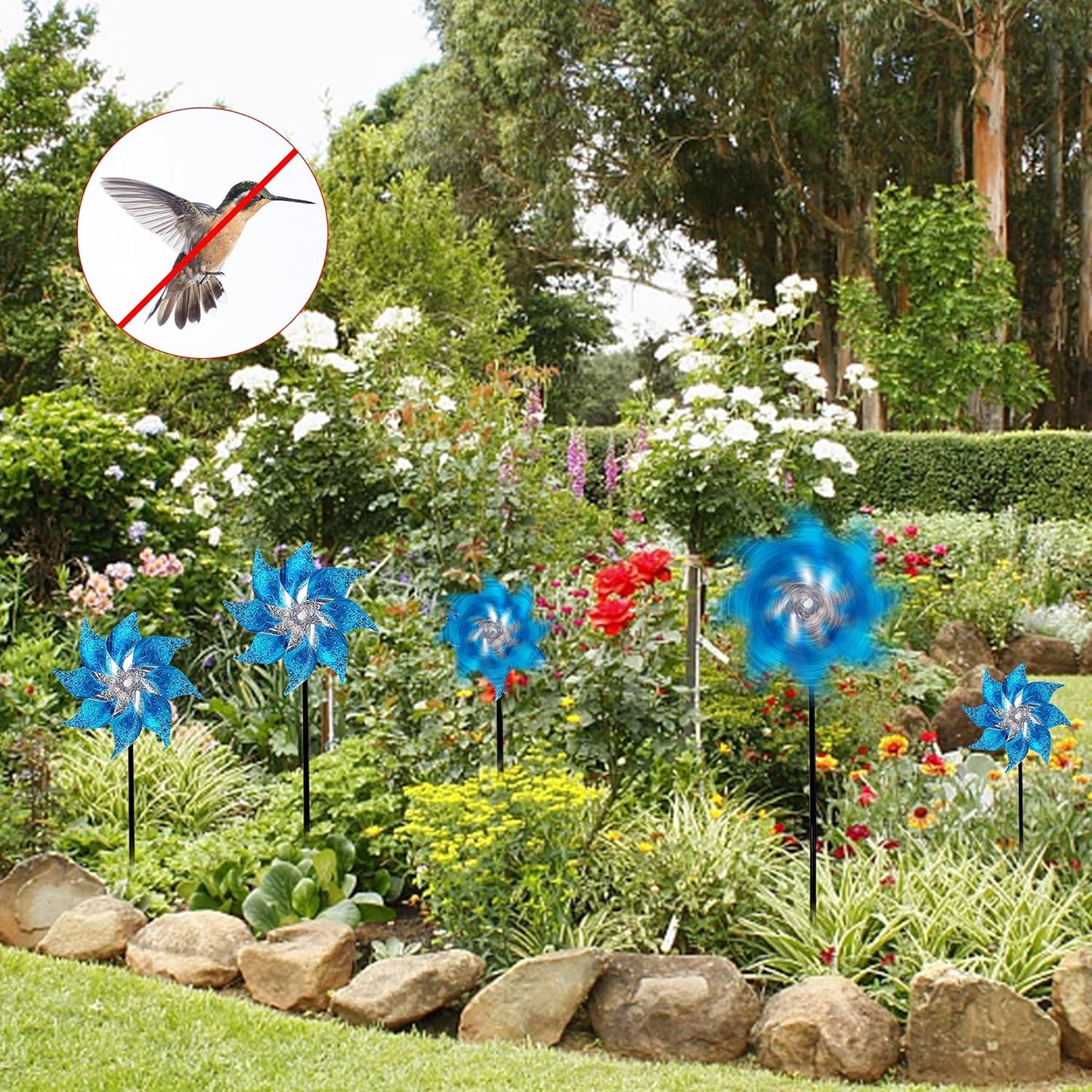 Hausse 10 Pack Reflective Pinwheels with Stakes, Extra Sparkly Pin Wheel for Garden Decor, Bird Repellent Devices Deterrent to Scare Birds Away from Yard Patio Farm, Blue