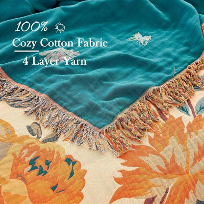 Boho Throw Blanket for Bed, 100% Cotton Soft Rustic Quilt Fall Blanket, 60"x80" Floral Printed Farmhouse Decor Bed Blankets, All Season Rustic Reversible Bohemian Throw Quilt