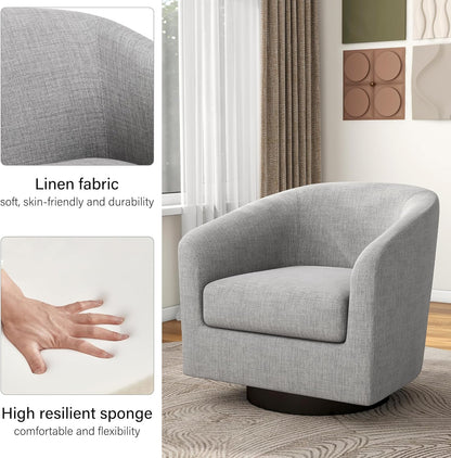 Swivel Barrel Accent Chair, Modern Round Linen Arm Chair for Living Room, Bedroom, Comfy Club Reading Chairs for Adults（Linen Fabric, Light Grey, Set of 1