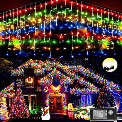 KNONEW 99ft 1216 LED Christmas Lights Outdoor 8 Modes Curtain Fairy String Light with 228 Drops, Clear Wire LED String Light Decor for Wedding Party Christmas Decorations(Multicolor)