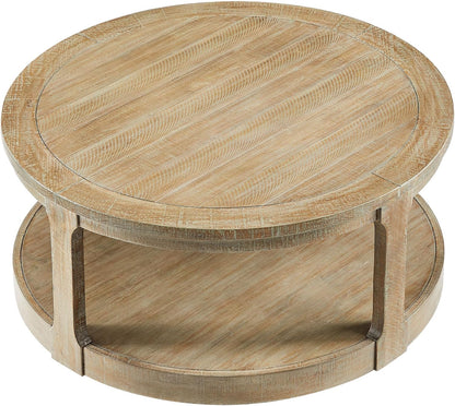 WILLIAMSPACE 40" Round Coffee Table with Wheels, Circle 2 Tier Solid Wood Center Coffee Table, Mid Century Retro Farmhouse Rounded End Table for Living Room Apartment, ø40 x 17.52" H (Light Brown)