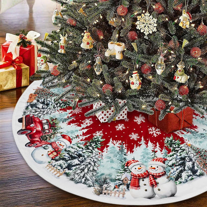 Christmas Tree Skirt 48 Inch, Red Snowman Trucker Xmas Tree Skirts, Winter Christmas Trees Mat for Home Party Holiday Indoor Outdoor Decorations