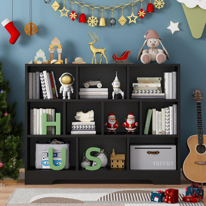 Book Shelf Set of 2, 10 Cubes Storage Organizer, 3-Tier Open Bookshelf Wooden Bookcase, Freestanding Black Bookshelf Cube Shelf for Bedroom, Living Room, Home Office