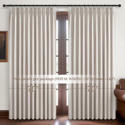 Curtains 70 Inch Length Wide Pinch Pleated Blackout Curtain for Sliding Glass Door/Living Room, Farmhouse Natural Linen Thick Boho Bedroom Heavy Insulated Large Window Drapes (70"Wx90"Lx2Panels)