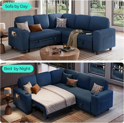 LINSY HOME Sectional Sleeper Sofa with Pull Out Couch Bed - Convertible Plush Corduroy Cloud Couch with Storage Chaise & USB Charging, Comfy L Shaped Modular Couches for Living Room Apartment, Blue