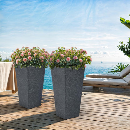 28" Large Tall Square Planters for Outdoor Plants, Set of 2 V-Shaped Planter Box with Black Terrazzo Look, Durable and Weather Resistant, Ideal or Garden, Patio, Porch or Home use.
