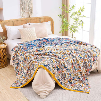 Boho Blanket Throw Quilt, 100% Cotton Soft Light Weight Throw Blankets for Summer, 90"x98" Farmhouse Flower Decorative Blankets, All Season Rustic Reversible Bohemian Throw Quilt