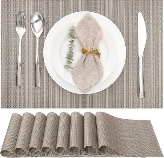 Myir JUN Placemats Set of 8, Vinyl Woven Placemats Place Mats Indoor Set of 8 Washable Table Mats Non-Slip Place mats for Dining Table (Golden Silver, Set of 8)