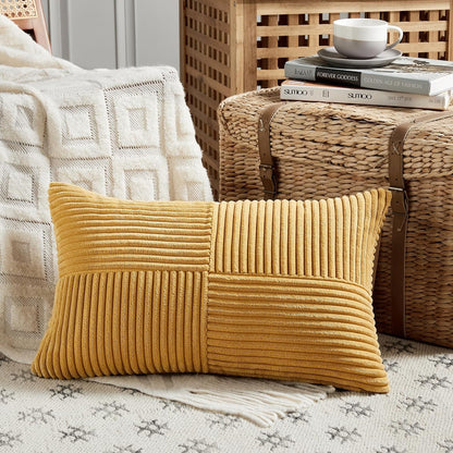 Fancy Homi 2 Packs Gold Yellow Lumbar Decorative Throw Pillow Covers 14x24 Inch for Couch Bed Sofa, Rustic Farmhouse Boho Spring Home Decor, Soft Striped Corduroy Rectangle Accent Cushion Case 35x60cm